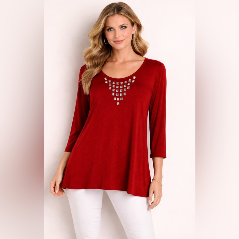 NY Collections dark red Rhinestone Tunic Top new